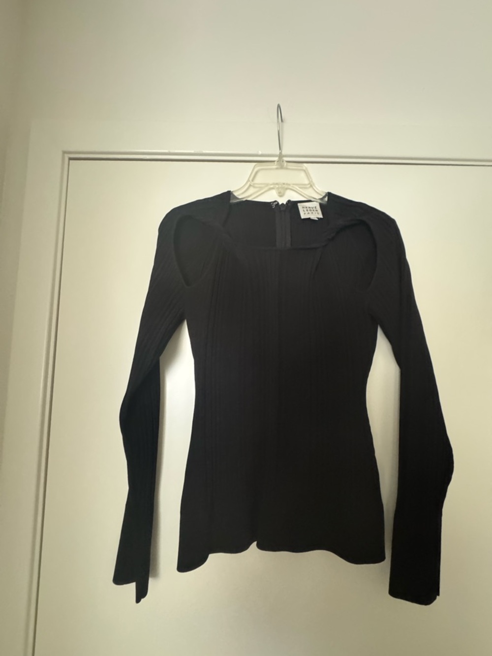 Herve Leger Black Ribbed Long-Sleeve Top with Shoulder Cutouts